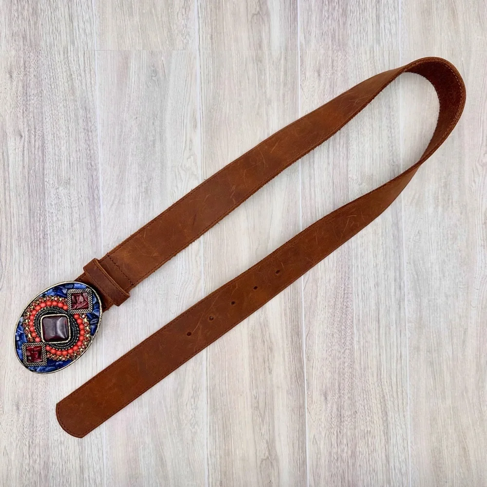 Leatherock Brown Leather Belt w/ Beautiful Stone Embellished Buckle XS 28”-32”